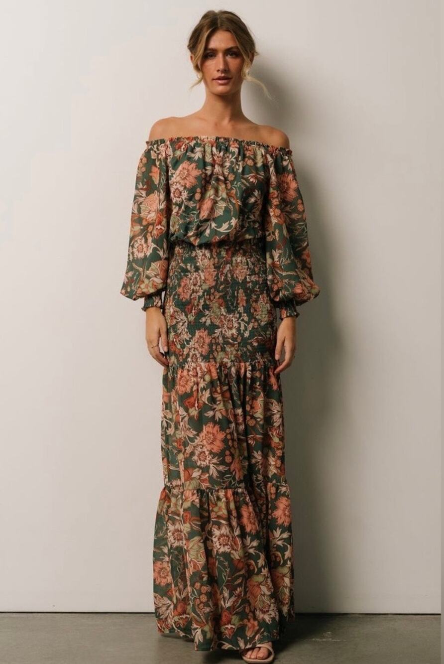 Baltic Born Lizzie Smocked Off-Shoulder Floral Maxi Dress in Green & Peach XL
